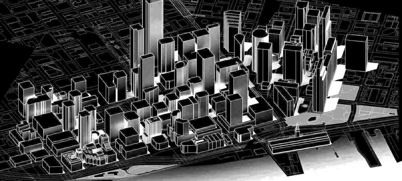 Axonometric line drawing of San Francisco with the site marked