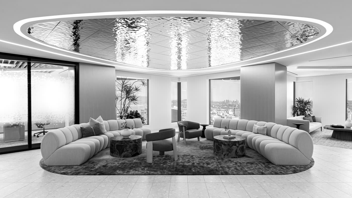 Law office lounge under a gold oval ceiling with a continuous ring of light