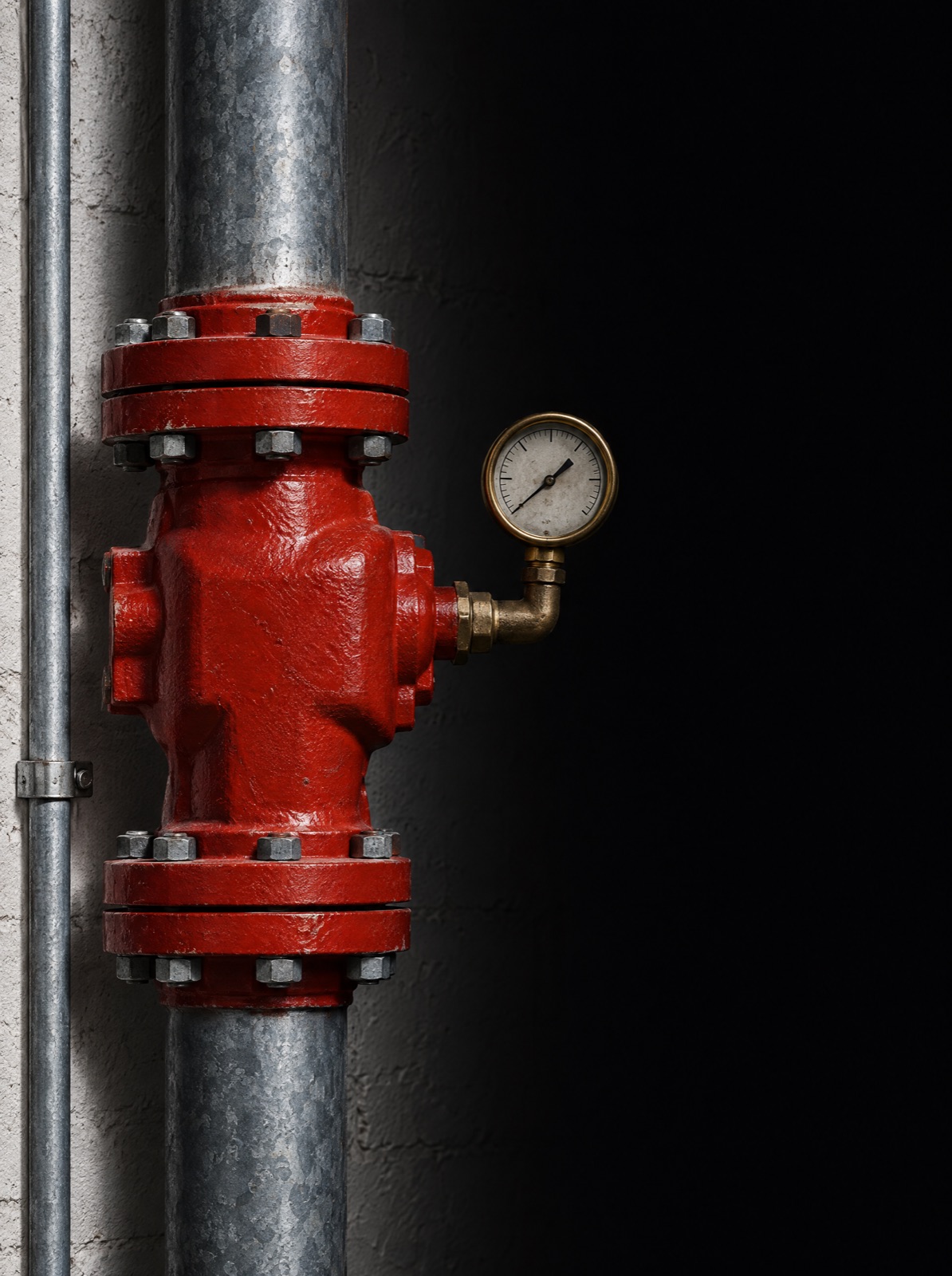 A four inch double interlock valve in red on a galvanised riser, lit from one side against a dark wall